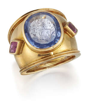 
	
		Theo Fennell, a synthetic sapphire intaglio and tourmaline ring, by Theo Fennell, the...