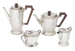 
	
		A four-piece silver tea set, Birmingham, c.1946, Deakin & Francis, of octagonal form,...