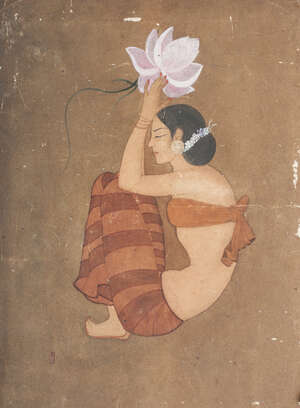
	
		Early 20th century, Portrait of a woman with lotus, signed in devangari to bottom right...
