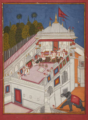 
	
		A large palace scene, Rajasthan, North West India, 19th century, opaque pigments...