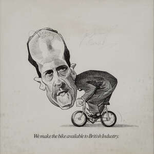 
	
		Joe Cummings, British, a caricature advertising drawing of Norman Tebbitt, 1985, pen and...