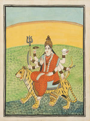 
	
		The goddess Durga, Eastern India, mid-19th century, opaque pigments on paper, depicted...