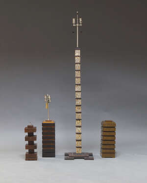 
	
		A contemporary bark veneered floor lamp, late 20th Century, 152cm high together with...