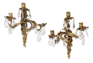 A pair of French gilt-bronze, rock-crystal and glass three-light wall appliques, late 19th...