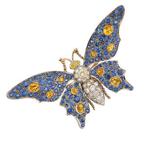 
	
		A diamond, coloured diamond and sapphire butterfly brooch, the pave diamond body with...