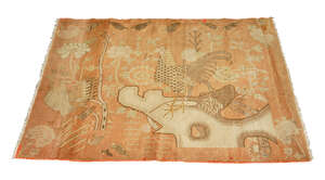 
	
		A Turkish rug, late 20th century, with cockerel and other birds in brick red field, 198cm...