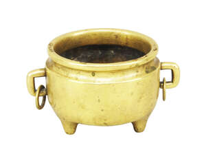 
	
		A Chinese polished bronze censer, 18th/19th century, with two rectangular handles with...
