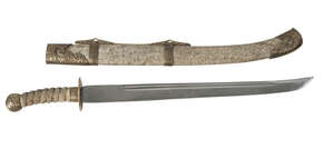 
	
		A Chinese sword, late Qing dynasty, with brass mounted shagreen scabbard and grip, 70cm...