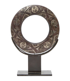 
	
		A Chinese bronze and silver-inlaid chariot fitting, Eastern Zhou dynasty, of flattened...