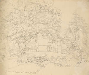 Thomas Hearne, 
		British 1744-1817- 
		 
		Cottages in a woodland setting; 
		pencil, bears inscription to the reverse, 24x28cm: British School, mid 19th