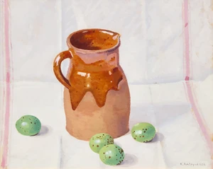 René Fontayne, French 1892-1952 - Cruche en grès et oeufs de merle noir, 1925; oil on cardboard, signed and dated lower right 'R Fontayne 1925', 31.3 x 39