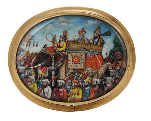 
	
		A finely painted Mughal miniature on ivory depicting a procession of Akbar Shah II (r....