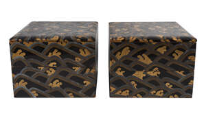 
	
		A pair of Japanese lacquer two section stacking boxes, 19th century, painted with wave...