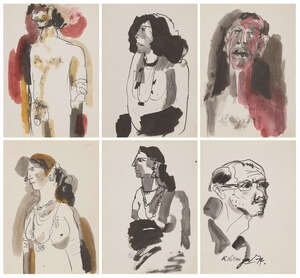 
	
		Laxma Goud (Indian, b. 1940), Untitled, a series of 6 postcard-size ink and watercolour...