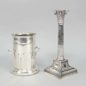 
	
		A silver Corinthian candlestick, Sheffield c.1900, 28cm high, (weighted) together with a...