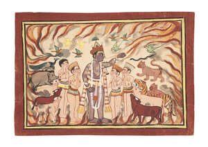 
	
		Krishna swallowing the fire, Mandi, circa 1780, gouache on paper, surrounded by...