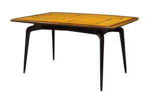 
	
		Italian, a birch and ebony inlaid dining table, on black lacquered legs 
		c.1950 
		