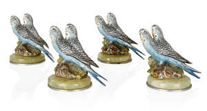 
	
		Designer Unknown, 
		 
		Four Budgie menu or place card holders, circa 1920s, 
		Cold...
