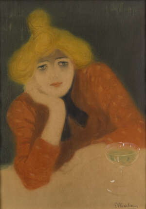 Gustave Flasschoen, 
 
Belgian 1868-1940- 
 
 
La buveuse dabsinthe; 
 
 
gouache, signed lower...