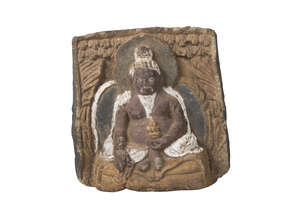 
	
		A Tibetan painted terracotta votive figure, 18th/19th century, depicting Lama seated,...