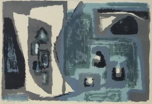Clifford Ellis,&nbsp;British 1907-1985,&nbsp;Composition Blue Grey Black, 1952;&nbsp;lithograph in colours on...