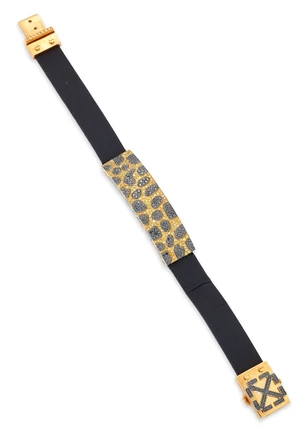 A coloured diamond set leather bracelet, composed of a central panel, with a leopard print...