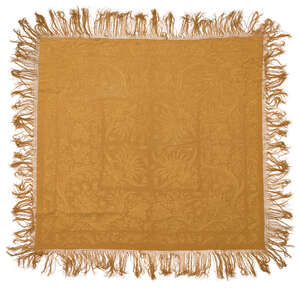 A Chinese yellow silk embroidered square shawl, early 20th century, densely decorated with...