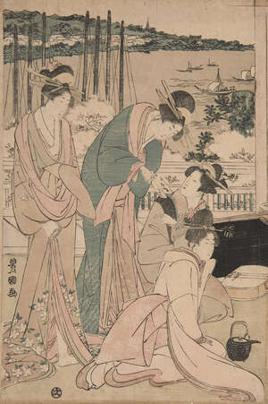 
	
		Utagawa Toyokuni, Japanese 1769-1825, Shinagawa Yuen c.1801-04, left panel from the...