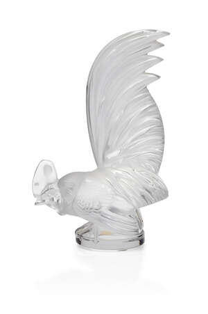 
	
		René Lalique (1860-1945), a clear and frosted glass paper-weight 
		Coq Nain No. 11-800,...