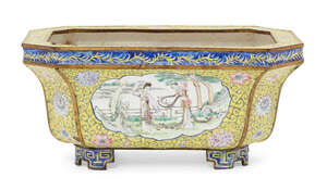 
	
		A Chinese painted enamel rectangular jardinière, early 20th century, painted to the...