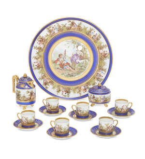 
	
		A Vienna-style blue-ground dejeuner, c.1900-1930, the printed, painted and gilt...