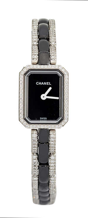 
	
		A diamond and black ceramic 'Premiere Mini'  quartz wristwatch, by Chanel, the lacquered...