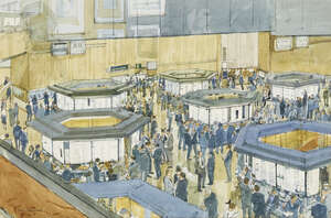 
	
		Ken Howard OBE RA,
		British b.1932- 
		 
		Stock Exchange, 1982; 
		 
		watercolour...