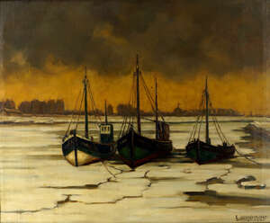 E Ollgwigg, Scandinavian School, mid 20th Century- Fishing Boats in sea ice; oil on canvas, signed and dated 1947, 45 x 57cm (ARR)