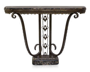 
	
		French Art Deco, a wrought iron console table 
		c.1920 
		The Portoro marble top,...