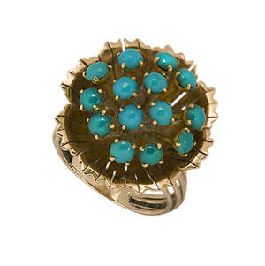 
	
		A turquoise cluster ring, of flowerhead design, to a reeded hoop, ring size P

	

