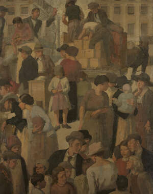 
	
		H M F Taylor NEAC,
		British exh. 1921-
		 
		A crowded street scene;
		 
		oil on...