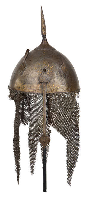 
	
		An inscribed gold damascened steel helmet (khula khud) and armguard, probably Iran, 18th...