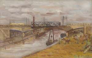 
	
		Élisée Maclet, French 1881-1962- "Le Canal de l'Ourcq, Paris"; oil on canvas, signed,...