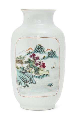 
	
		A Chinese porcelain vase, Republic period, painted in famille rose enamels with coastal...