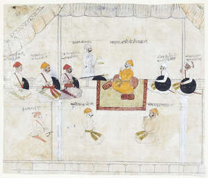 
	
		A drawing of the durbar with seated figures identified in Devanagari script, Mewar,...