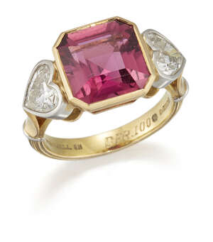 
	
		Theo Fennell, an 18ct gold, square-cut pink tourmaline and heart-shaped diamond ring, 