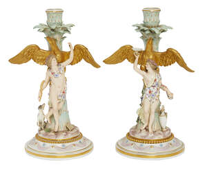 
	
		A pair of Meissen porcelain allegorical candlesticks, probably candelabra bases, late...