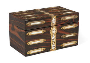 
	
		An early Victorian brass and mother of pearl mounted coromandel two-division tea caddy,...
