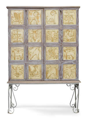 Designer Unknown,
French Art Deco Zodiac cabinet on later wrought iron stand, circa...