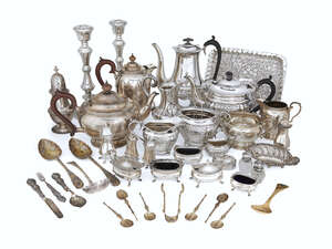 A large quantity of silver comprising: a five piece tea and coffee service, complete with tray, tea pot, coffee pot, milk jug, sugar dish, and tongs, Birmingha