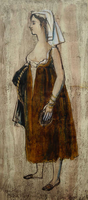 
	
		Alix Stone, British, 1913-2010, a costume design for a Medieval woman, signed and dated...