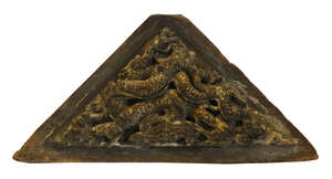 
	
		A Chinese carved and gilt wood panel, Ming dynasty, Yongle period, decorated with a...