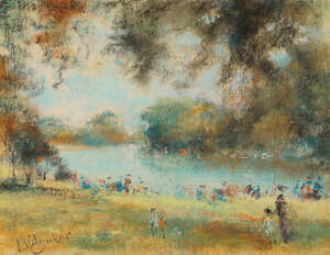 Michael DAguilar, 
		British 1924-2011- 
		 
		Figures beside a country river; 
		 
		pastel, signed, 24.8x34.2cm: Serena Barrow, British b.1947- Garlic