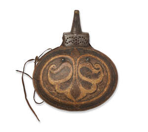
	
		A Safavid leather powder horn with steel fittings, Iran, 17th-18th century, of oval form,...